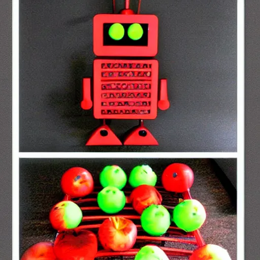 Prompt: scary robot made of apples and tennisballs