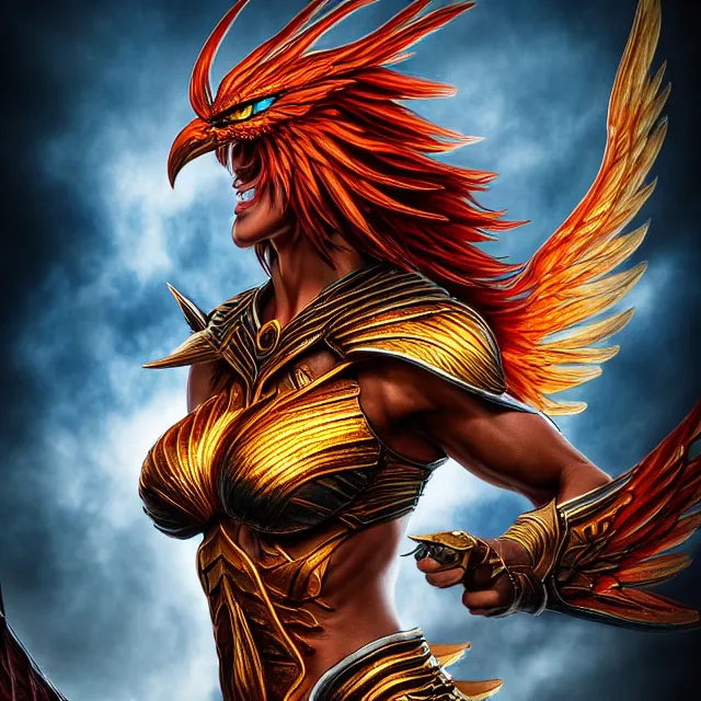 Image similar to phoenix warrior, artgerm, highly detailed, 8 k, hdr, close up, smooth, sharp focus, high resolution, award - winning photo