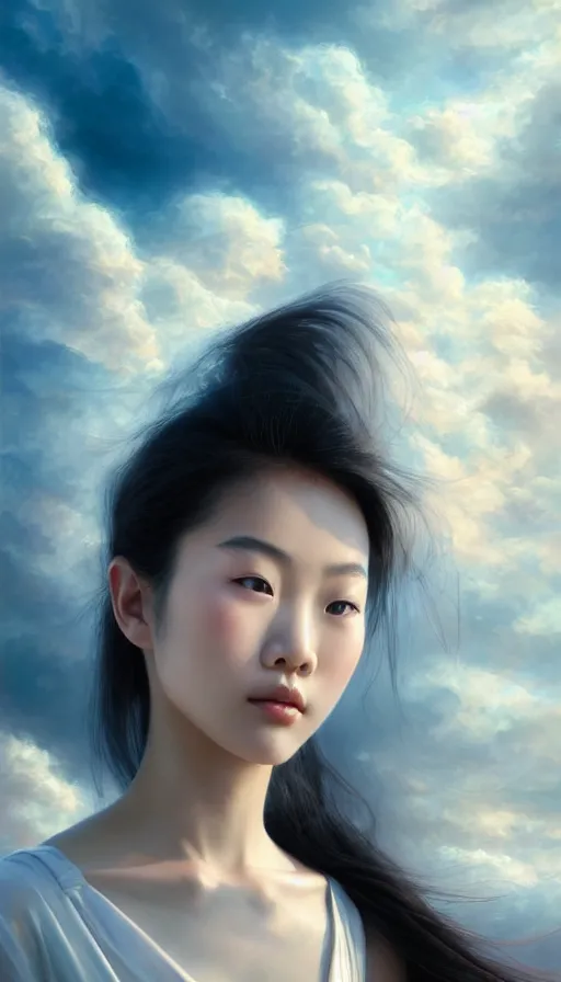 Image similar to photo of a gorgeous young asian girl , searching for eternity, made of clouds, duality in the style of stefan kostic, hyper realistic, sharp focus, 8k high definition, high fashion, vogue, insanely detailed, intricate, elegant, art by stanley lau and artgerm