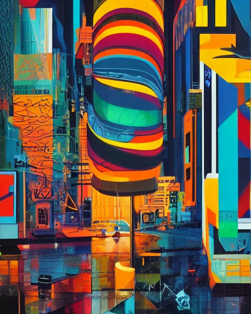 Image similar to urban retro technology, 9 0 s colors and shapes, wayne barlow, oil on canvas, deep depth of field, masterpiece, cinematic composition, hyperdetailed