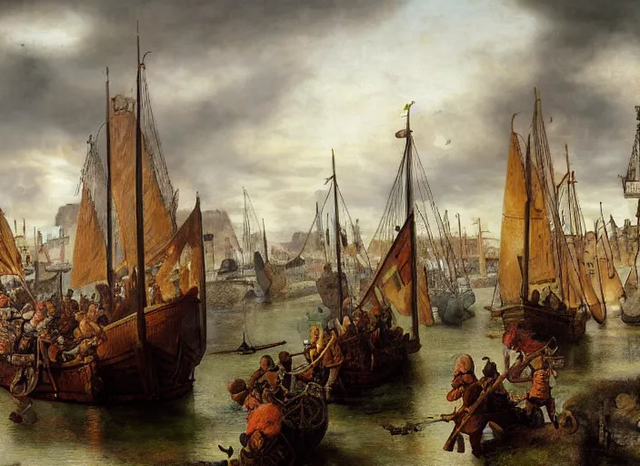 Prompt: a viking busy capital city with a harbor and norse viking warships in summer, romantic nationalism, lush vegetation, vikings, trading, ultra detailed, realistic, lost civilizations, masterpiece, 4 k, highly detailed, oil on canvas, smooth, illustration, painted by rembrandt