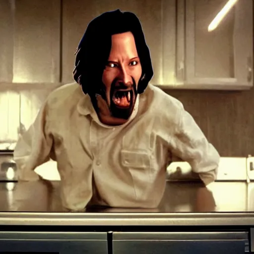 Image similar to an evil toaster with tiny legs and buggy eyes jumping to a kitchen table in a thrilling chase scene from a movie starring keanu reeves, cinematic, realistic