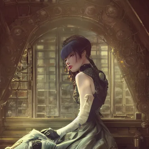 Image similar to a fancy photograph of an attractive women in a steampunk style high cut dress by greg rutkowski, sung choi, mitchell mohrhauser, maciej kuciara, johnson ting, maxim verehin, peter konig, 8 k photorealistic, cinematic lighting, hd, high details, dramatic, dark atmosphere, trending on artstation