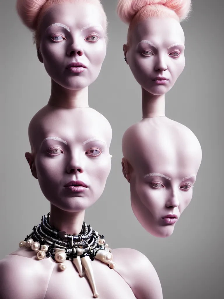 Prompt: portrait of a biomechanical goddess wearing a big pearl studded iridescent beauty mask and pink hair buns, wearing a black bodysuit by alexander mcqueen, cream white background, soft diffused light, biotechnology, humanoid robot, perfectly symmetric, bjork aesthetic, translucent, by rineke dijkstra, intricate details, highly detailed, masterpiece,