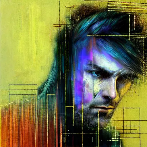 Prompt: hyperrealistic portrait of a cyberpunk man, long hair, cyberspace, by Guy Denning, Johannes Itten, Russ Mills, glitch art, hacking effects, glitch effects, digital tech effects, cybernetics, detailed lines, chromatic, color blocking!, oil on canvas, highly detailed, symmetrical, octane, concept art, abstract, blue and violet, 8k, cinematic, trending on artstation