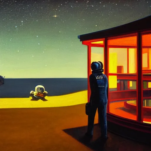 Prompt: a portrait of an astronaut, his head is a skull, it is night and the sky is covered in stars, dramatic and cinematic lights, in the style of edward hopper, 4 k,