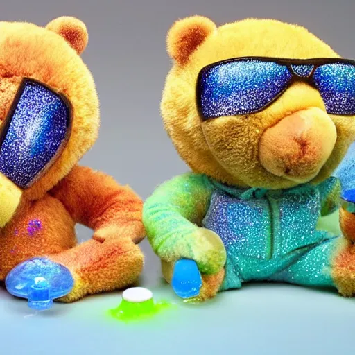 Prompt: Scientists teddy bears mixing sparkling chemicals in the style of 90s cartoons