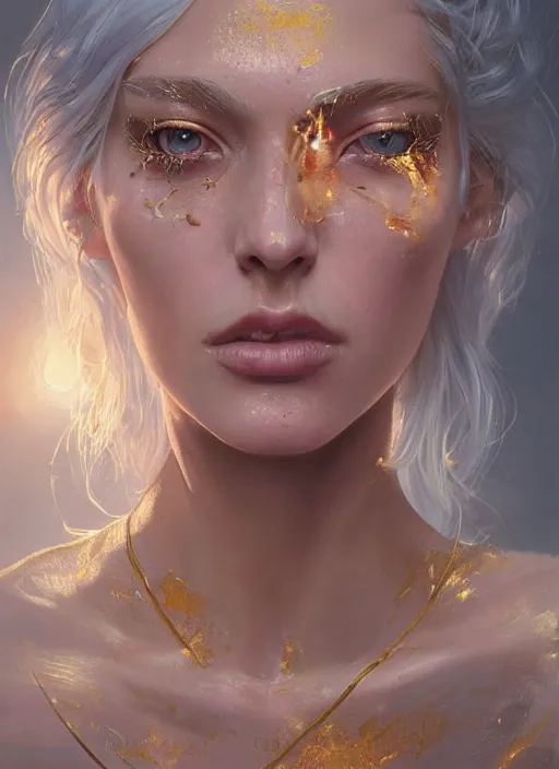 Image similar to girl with unkempt gold and silver hair, beautiful highly detailed face, complementary lighting, backlit, eyeshadow, divine, beautiful painting by artgerm and greg rutkowski and raymond swanland