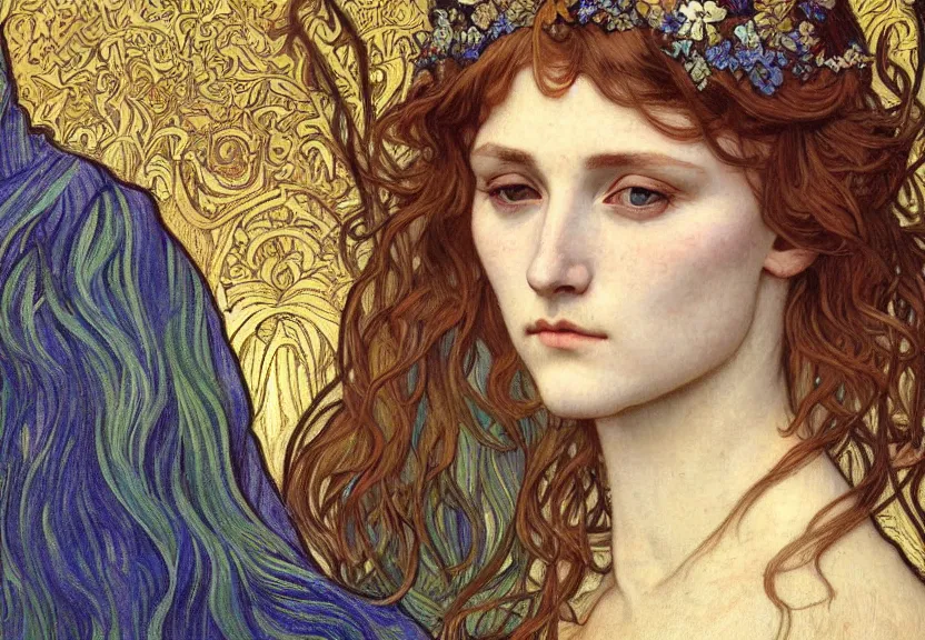 Image similar to detailed realistic beautiful young medieval queen face portrait by jean delville, alphonse mucha, vincent van gogh, and marco mazzoni, art nouveau, symbolist, visionary, gothic, pre - raphaelite
