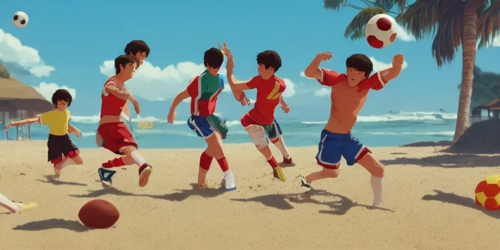 Image similar to a film still of a scene, where boys playing football, a sunny and colourful beach scene in santa monica, los angelos, the weather is very windy. narrow shot, low depth of field, wes anderson, studio ghibli, pixar and disney animation, sharp, rendered in unreal engine 5, anime key art by greg rutkowski, bloom, dramatic lighting