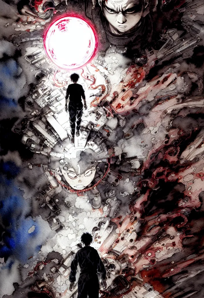 Prompt: tetsuo from akira, silhouetted by a dead sun, detailed elaborate watercolor and ink illustration | anime, matte painting, dystopian megacity neo - tokyo, akira, shaded perfect, fine details. realistic shaded lighting anime manga artwork by katsuhiro otomo, artgerm, jeremy lipkin and michael garmash and rob rey