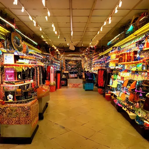 Image similar to inside a store at night, ethereal, ancient, neon lit, cosmic, mysterious