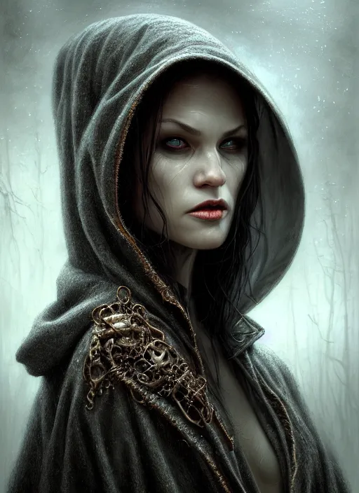 Image similar to closeup portrait shot of a hooded vampire in a scenic dystopian environment, intricate, elegant, highly detailed, centered, digital painting, artstation, concept art, smooth, sharp focus, illustration, artgerm, tomasz alen kopera, peter mohrbacher, donato giancola, joseph christian leyendecker, wlop, boris vallejo