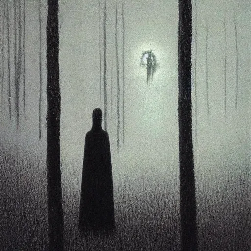 Prompt: “ tall figure in the woods, beksinski, dark ”