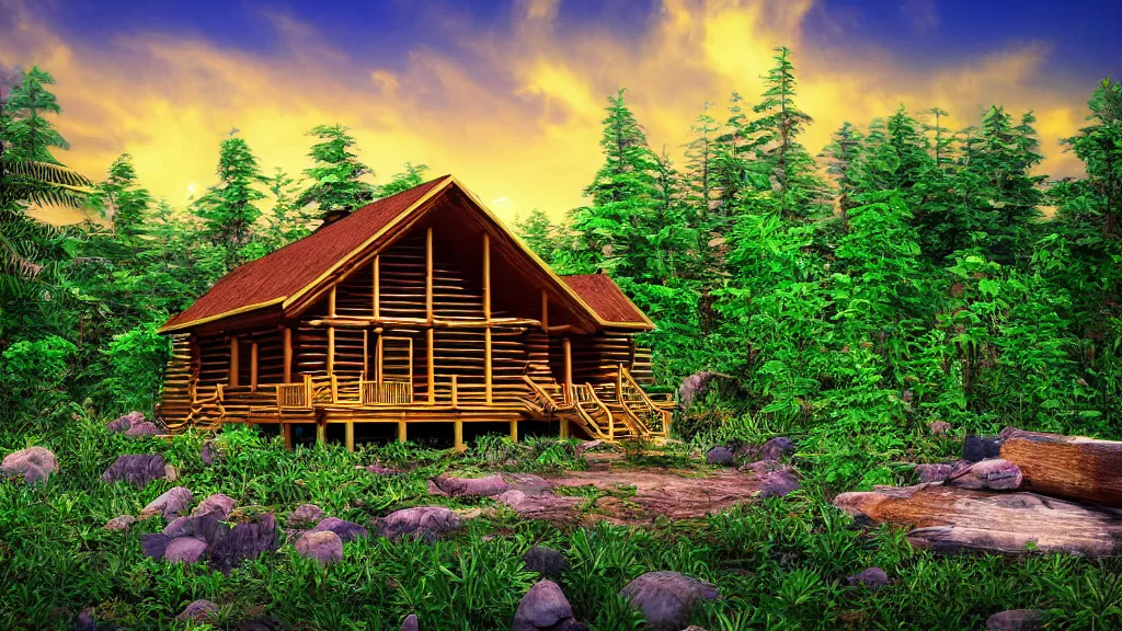 Image similar to golden log cabin in a vaporwave jungle, 4k, ultra realistic, award winning Photograph