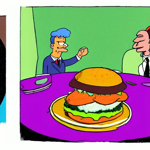 Prompt: scene depicting seymour skinner serving up steamed hams while the aurora borealis reflects in the other room, cartoon, realistic studio lighting, hand sketched colour,