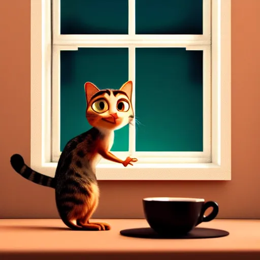 Image similar to a cute cat with big eyes looking at a cup of coffee in beautiful morning at a house window. Pixar Disney 4K 3d render funny animation movie Oscar winning trending on ArtStation and Behance. Ratatouille style.