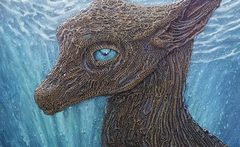 Image similar to a close up of a painting of a Kelpie underwater, an ultrafine detailed painting by John Howe, by György Vastagh, by Jeffrey Smith, behance contest winner, space art, acrylic pour, lovecraftian, cosmic horror, biomorphic, hyper realsim