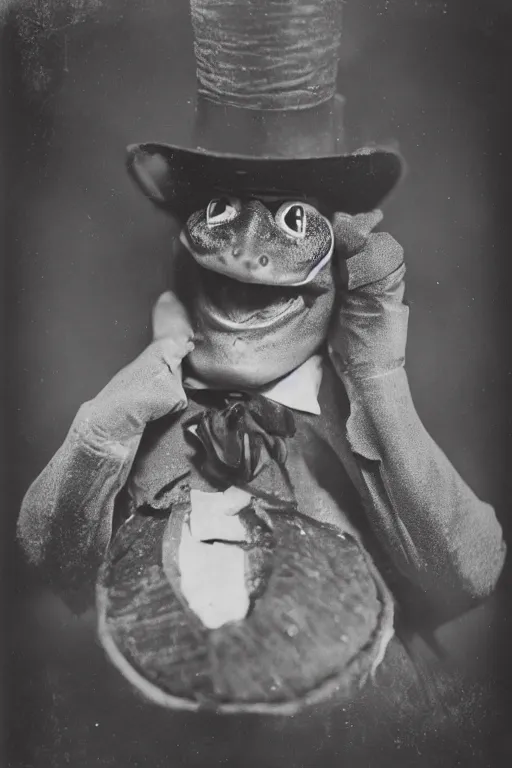 Prompt: a wet plate photo of an anthropomorphic sing and dancing vaudeville frog, porkpie hat