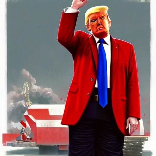 Image similar to donald trump as a communist, doing a military salute, red suit, art by artgerm, greg rutkowski, drew struzan, studio portrait, highly detailed, digital art, elegant, intricate, concept art, trending on artstation