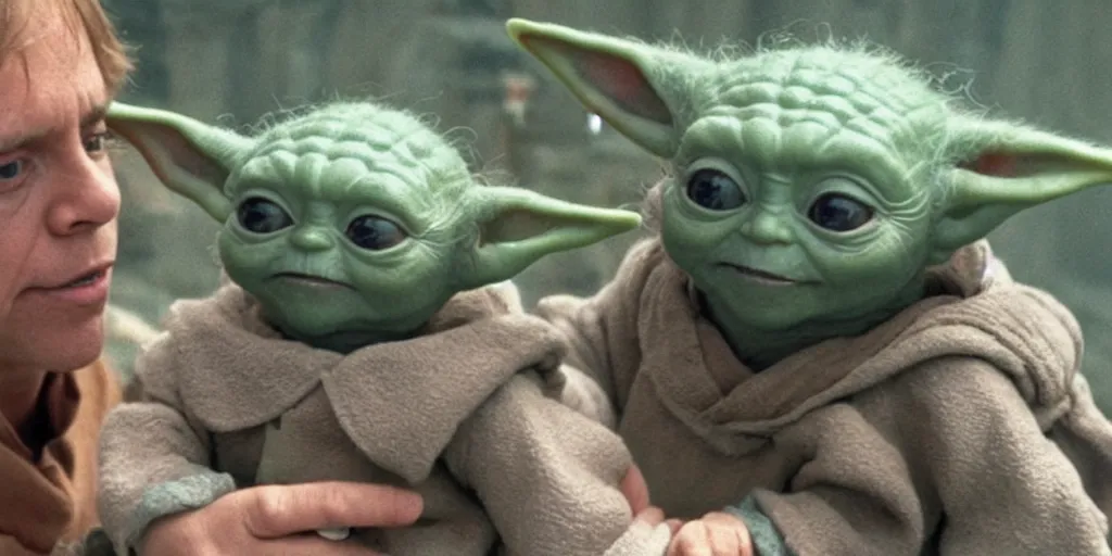 Image similar to Luke Skywalker teaches baby yoda at Jedi Temple scene from the last jedi, 2022, film by Stanley Kubrick, serene, iconic scene, stunning cinematography, hyper detailed, sharp, anamorphic lenses, kodak color film