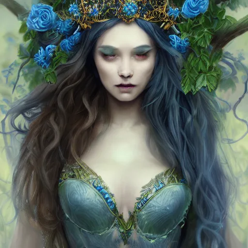 Image similar to detailed portrait of a dark fairy queen , realism, pale blue, emerald, sapphire, wearing a crown of vines, nest of vipers, moonlit, dark fantasy, dramatic lighting, cgsociety, artstation