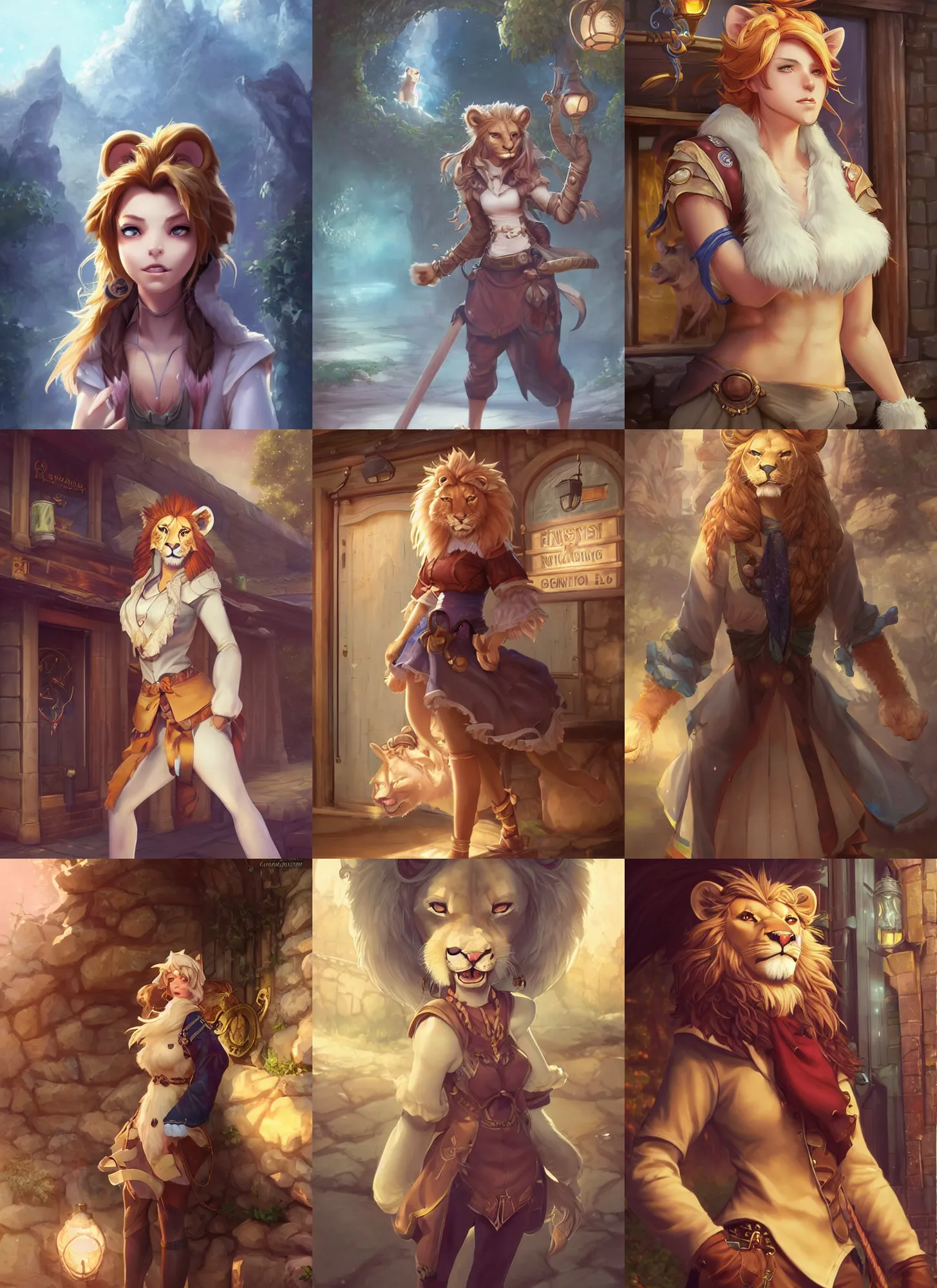 Prompt: beautiful portrait of a female anthropomorphic lion fursona wearing fantasy adventurer's clothes outside a fantasy tavern. character design by charlie bowater, ross tran, artgerm, and makoto shinkai, detailed, soft lighting, rendered in octane