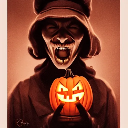 Prompt: scary pumpkin nurse cap, symmetrical face, evil grin, portrait size, cinematic, dramatic, super detailed and intricate, by koson ohara, by darwyn cooke, by greg rutkowski