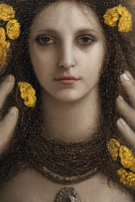 Prompt: hyperrealism close - up mythological portrait of a medieval woman's shattered face partially made of olive color flowers in style of classicism, pale skin, wearing silver dress, dark and dull palette