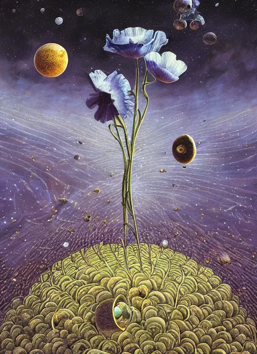 Image similar to detailed, intricate blue black and purple papaverum flower on the field, nebula, galaxy in the sky, winning award masterpiece, fantastically beautiful, illustration, aestheticly inspired, jacek yerka, upscale with anguissola sofonisba work, artstation, 8 k