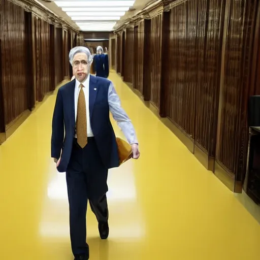 Prompt: Jerome Powell lost in the backrooms, old moist carpet, mono-yellow, fluorescent lights, randomly segmented rooms, eerie