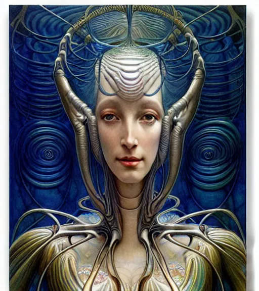 Image similar to detailed realistic beautiful young cher alien robot as queen of andromeda galaxy portrait by jean delville, gustave dore and marco mazzoni, art nouveau, symbolist, visionary, baroque, giant fractal details. horizontal symmetry by zdzisław beksinski, iris van herpen, raymond swanland and alphonse mucha. highly detailed, hyper - real, beautiful