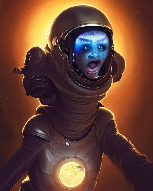 Image similar to zendaya screaming in fear in a space suit with a helmet levitating through the darkness of space, deep focus, D&D, fantasy, intricate, elegant, highly detailed, digital painting, artstation, concept art, matte, sharp focus, illustration, hearthstone, art by Artgerm and Greg Rutkowski and Alphonse Mucha