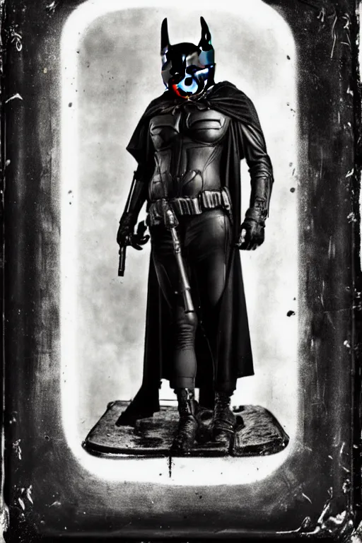 Image similar to a wet plate photograph of Dieselpunk Batman