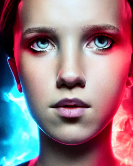 Prompt: Poster Portrait of Millie Bobby Brown with fire eyes, dramatic lighting