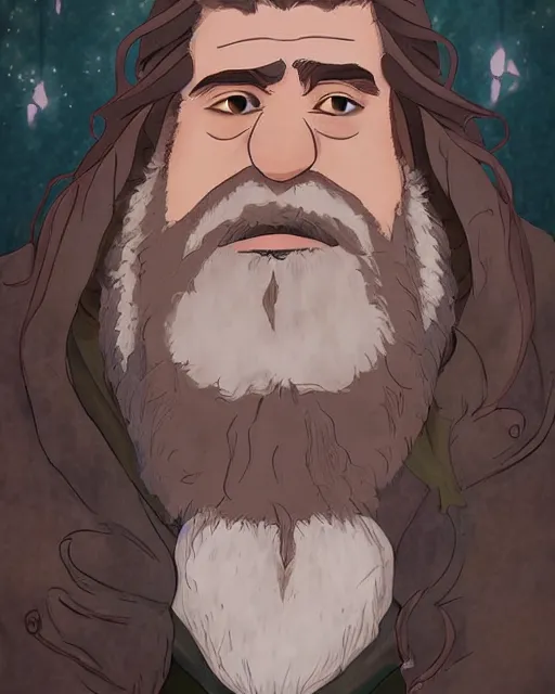 Image similar to Rubeus Hagrid in anime style, portrait of fantasy man, detailed realistic beautiful, lofi colors, smooth, artistic, mellow and soft, sharpen high quality, in style of Ghibli