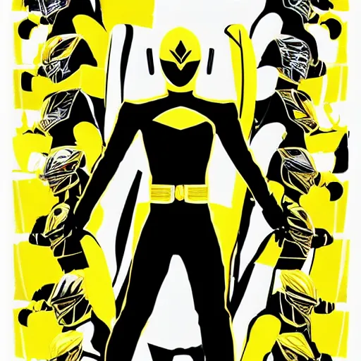 Image similar to symmetry!! yellow ranger, samurai, artstation, art by murata, art by oda echiiro, art by tatsuki fujimoto, lightning helmet, 3 d, jumpsuit, gloves, futuristic poster, man, tall