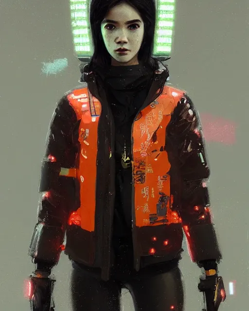 Image similar to detailed portrait Neon guard girl with short brown hair, cyberpunk futuristic, reflective puffer jacket, black leggings, decorated with traditional Japanese ornaments by Ismail inceoglu dragan bibin hans thoma, Perfect face, fine details, realistic shaded, fine-face, pretty face