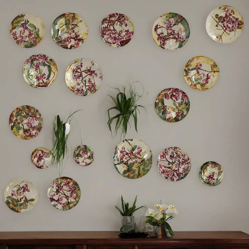 Prompt: 3 painted plates hanging on the wall above the fireplace, photo realistic, orchid, light colors, golden ratio