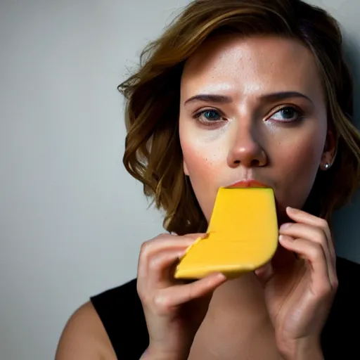 Image similar to beautiful portrait photo of Scarlett Johansson eating velveeta cheese staring sensually at the camera, 85mm