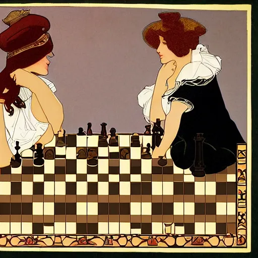 Image similar to two young edwardian women playing chess, in the style of mucha