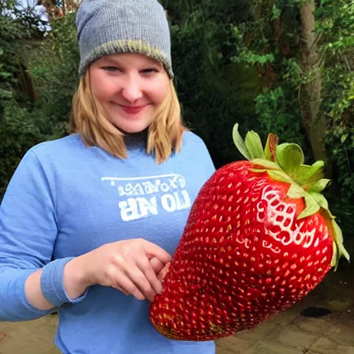 Prompt: a hand holding a giant 1 0 kg strawberry