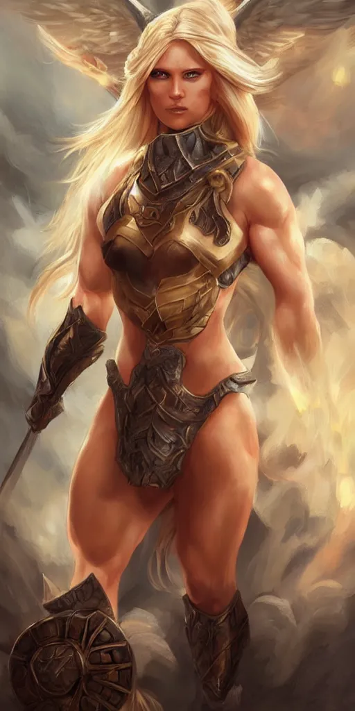 Image similar to painting of muscular and beautiful blonde valkyrie with long hair, fantasy art, full shot, atmospheric lightning, by artgerm