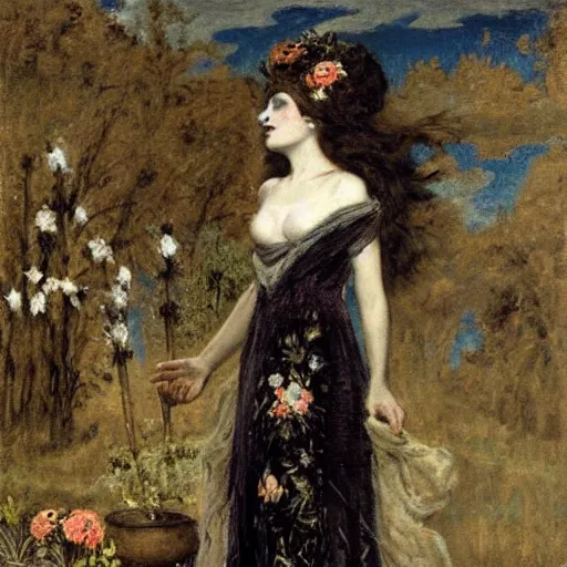 Image similar to persephone as goddess of death, flower dress, by alfred stevens