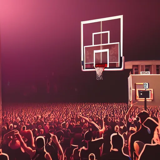 Image similar to photorealistic render of an old school hip hop concert taking place on a basketball court at night behind a large brick apartment from the view of a rapper that is standing on stage yelling into the mic looking out into a crowd of people dancing with their hands in the air, a dj with audio equipment at the back of the stage, octane render