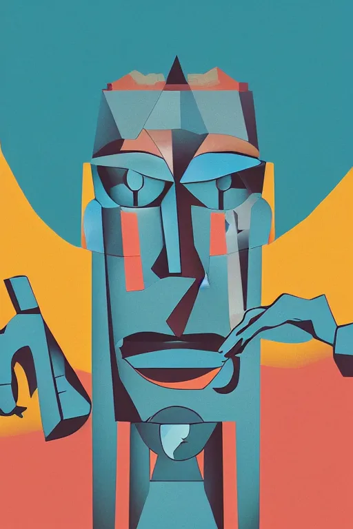 Image similar to cubist moai statue cutout digital illustration cartoon colorful beeple