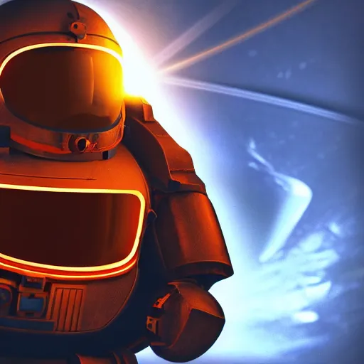 Image similar to spacemarine spacehelmet, dark armor, glowing neon orange details, full body, dark space background, clear lines, cinematic lighting, 4k, hyperrealistic, god rays, high details, unreal engine 5, cinematic