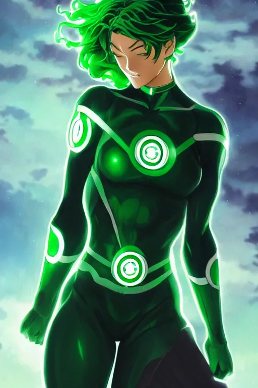 Image similar to anime key visual of a beautiful young female green lantern!! intricate, green and black suit, glowing, powers, dc comics, cinematic, stunning, highly detailed, digital painting, artstation, smooth, hard focus, illustration, art by artgerm and greg rutkowski and alphonse mucha