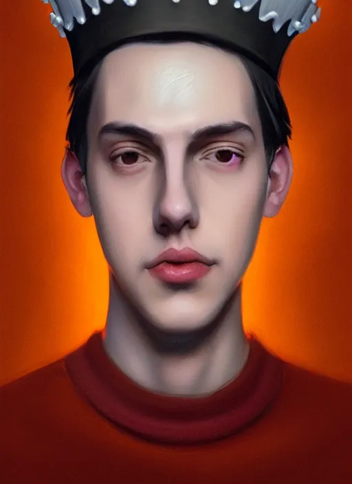 Image similar to portrait of teenage jughead jones wearing a light grey crown, crown, hamburger background, eyes closed, crown, black hair, orange, intricate, elegant, glowing lights, warm lighting, highly detailed, digital painting, artstation, concept art, smooth, sharp focus, illustration, art by wlop, mars ravelo and greg rutkowski