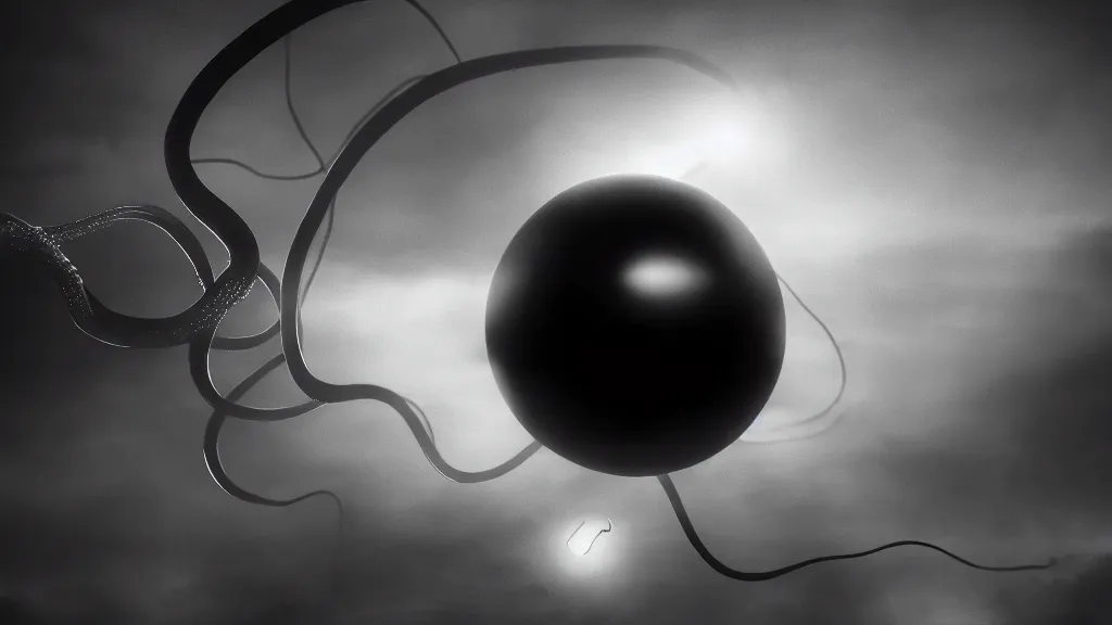 Prompt: a black sphere hangs in the sky, luminous tentacles leave it in different directions, fog, volumetric lighting, mystique, atmospheric, sharp focus, ultra detailed, noir art house, 4 k, cinematic, 3 5 mm